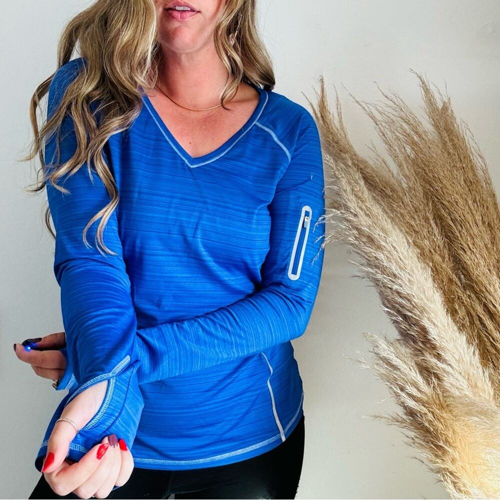 ATHLETA Bright Blue White Long Sleeve VNeck Zipper Workout Sweater Shirt Top M